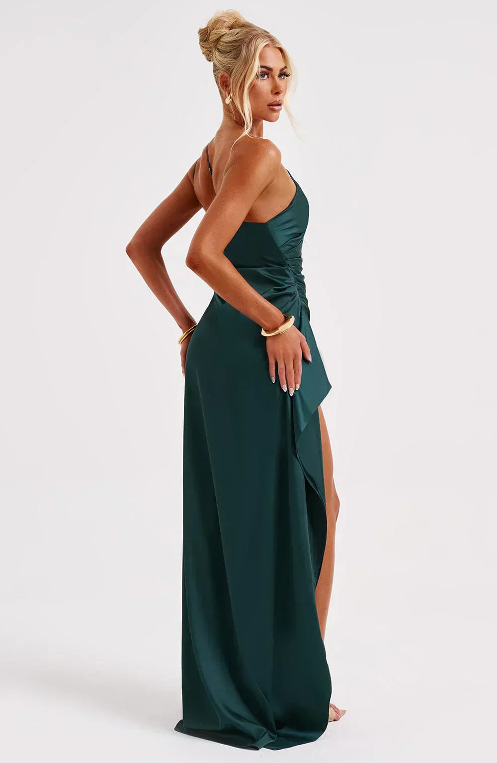 Pleated Slit Dress with One-Shoulder