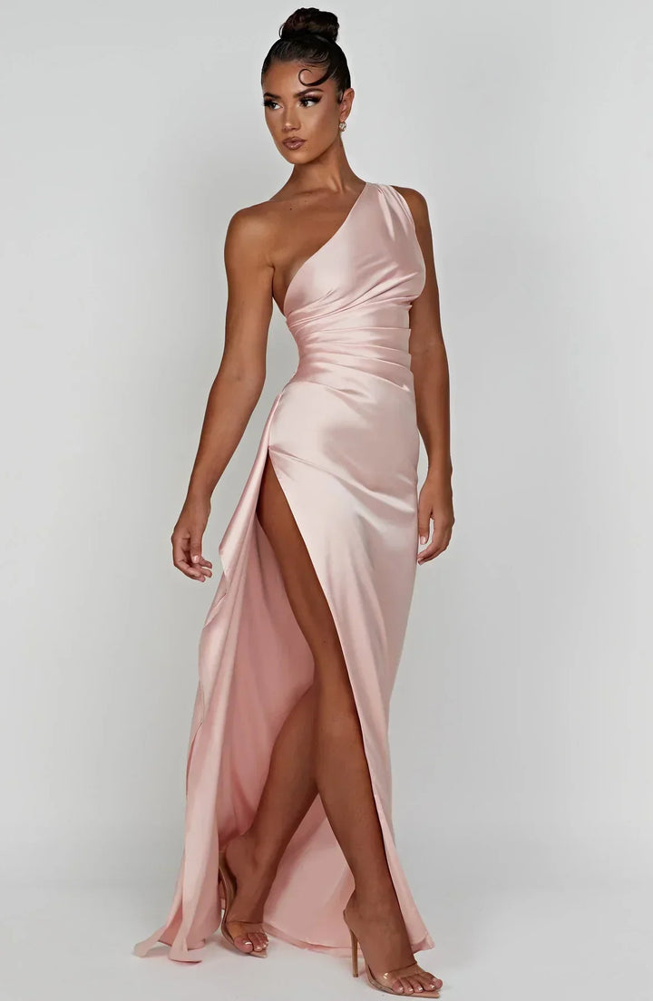 Pleated Slit Dress with One-Shoulder