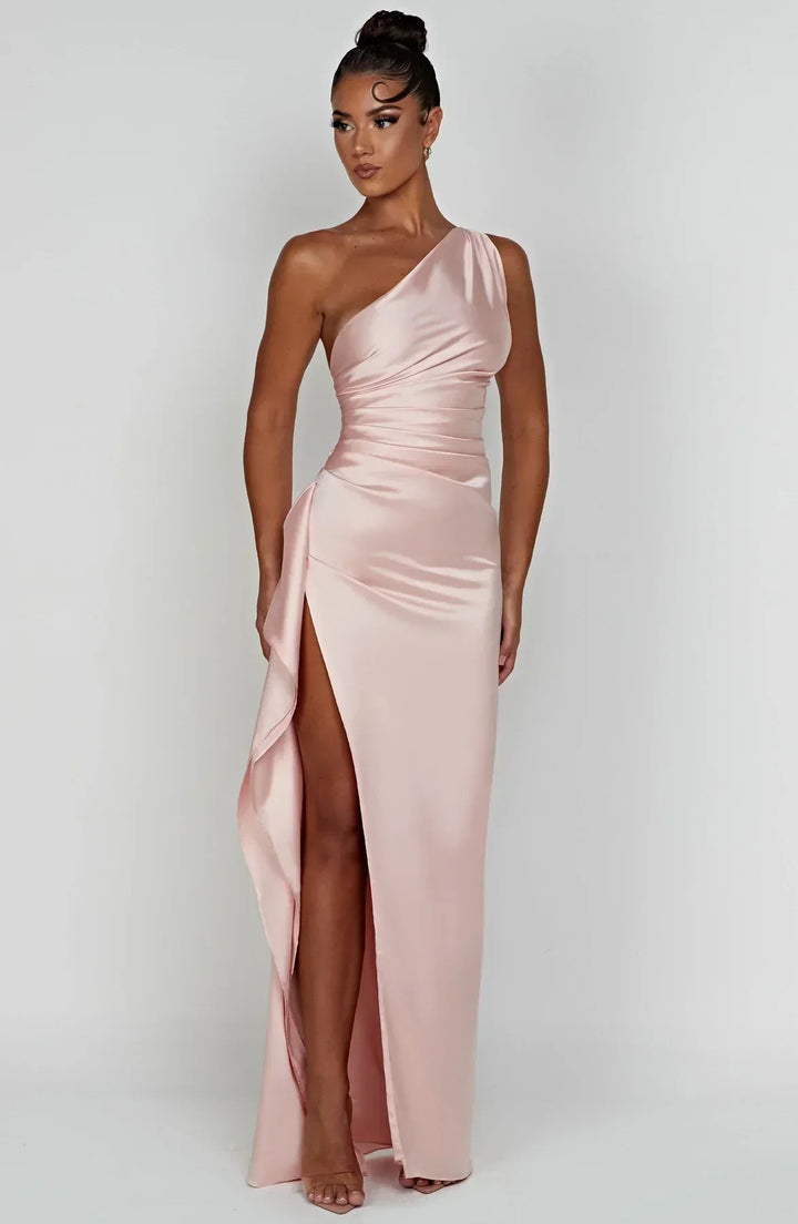 Pleated Slit Dress with One-Shoulder