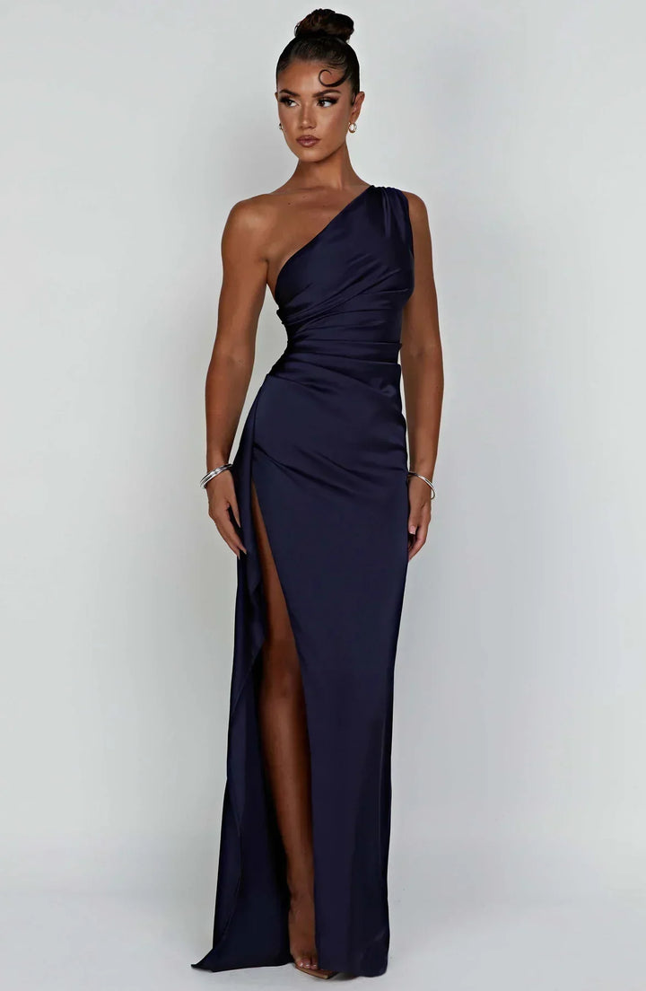 Pleated Slit Dress with One-Shoulder