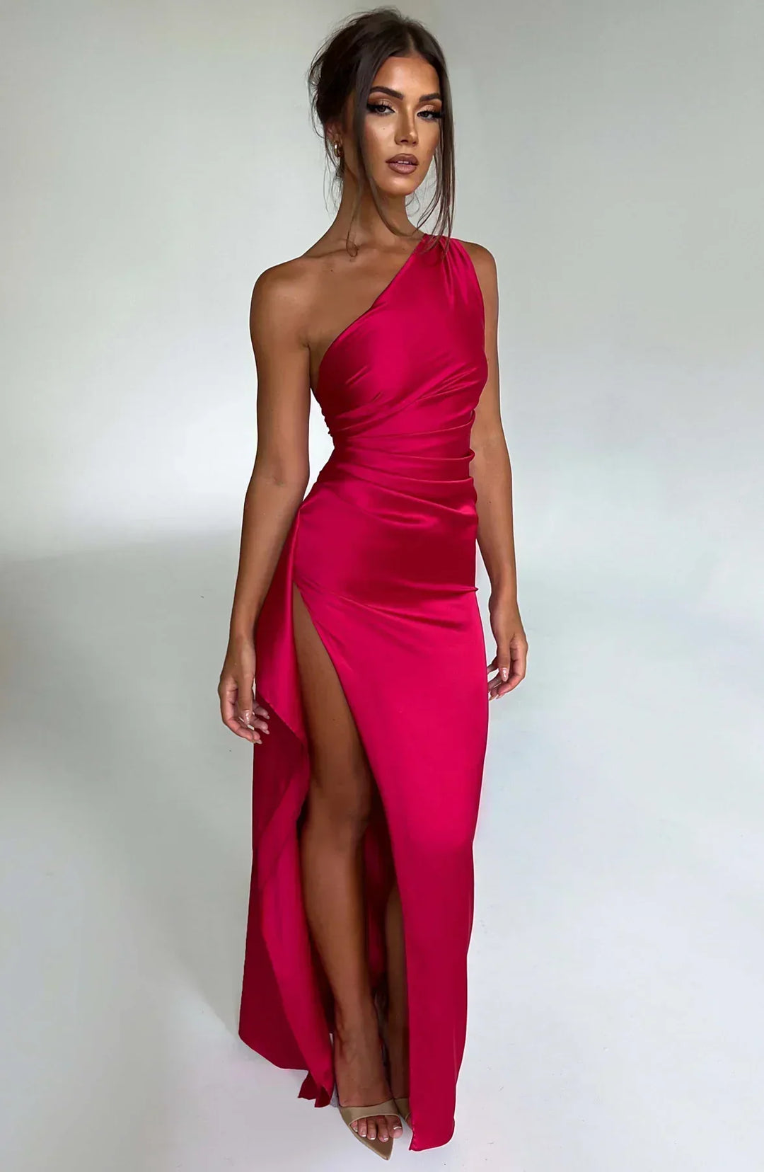 Pleated Slit Dress with One-Shoulder