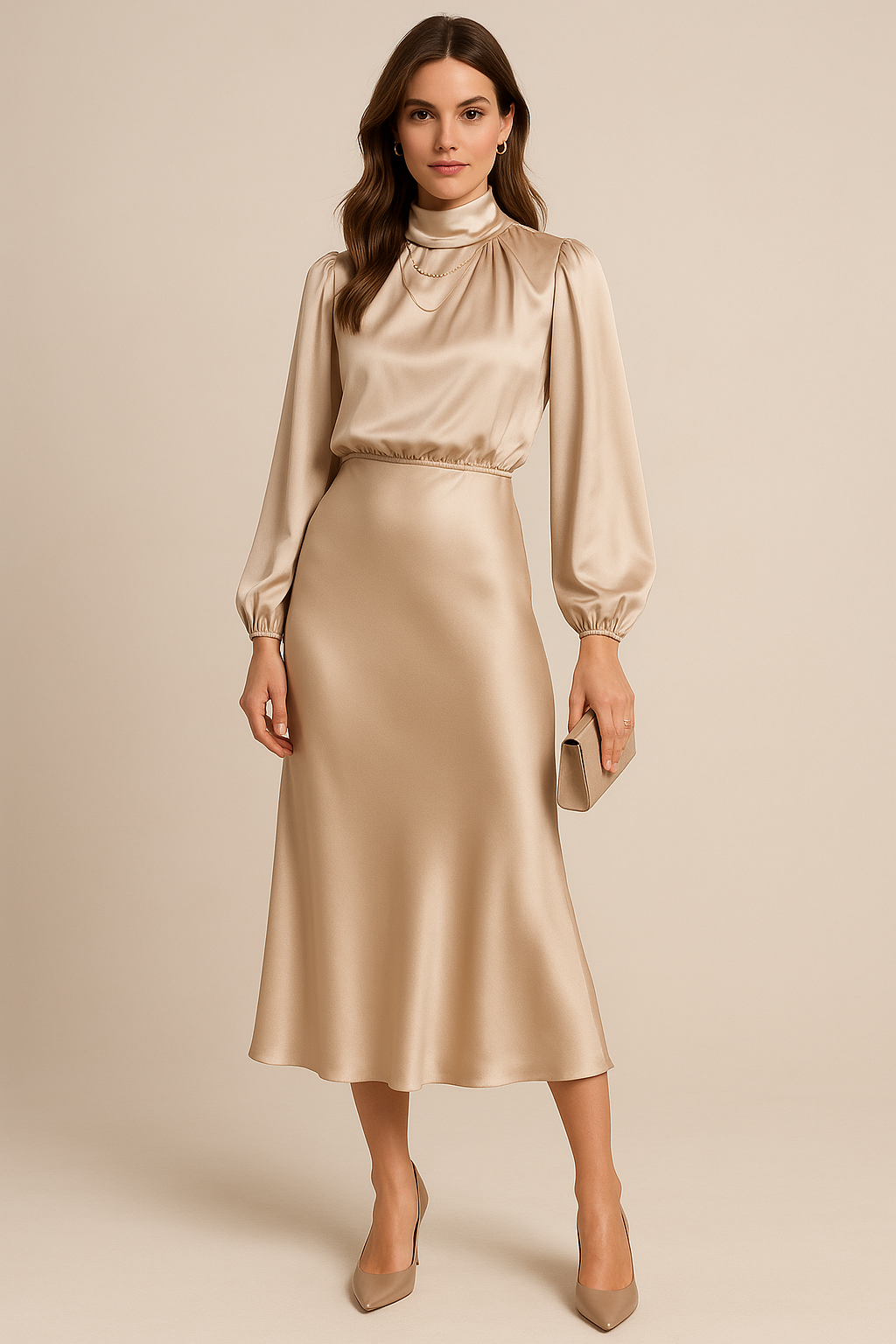 Polka-Dot Midi Dress with High Neckline and Long Sleeves