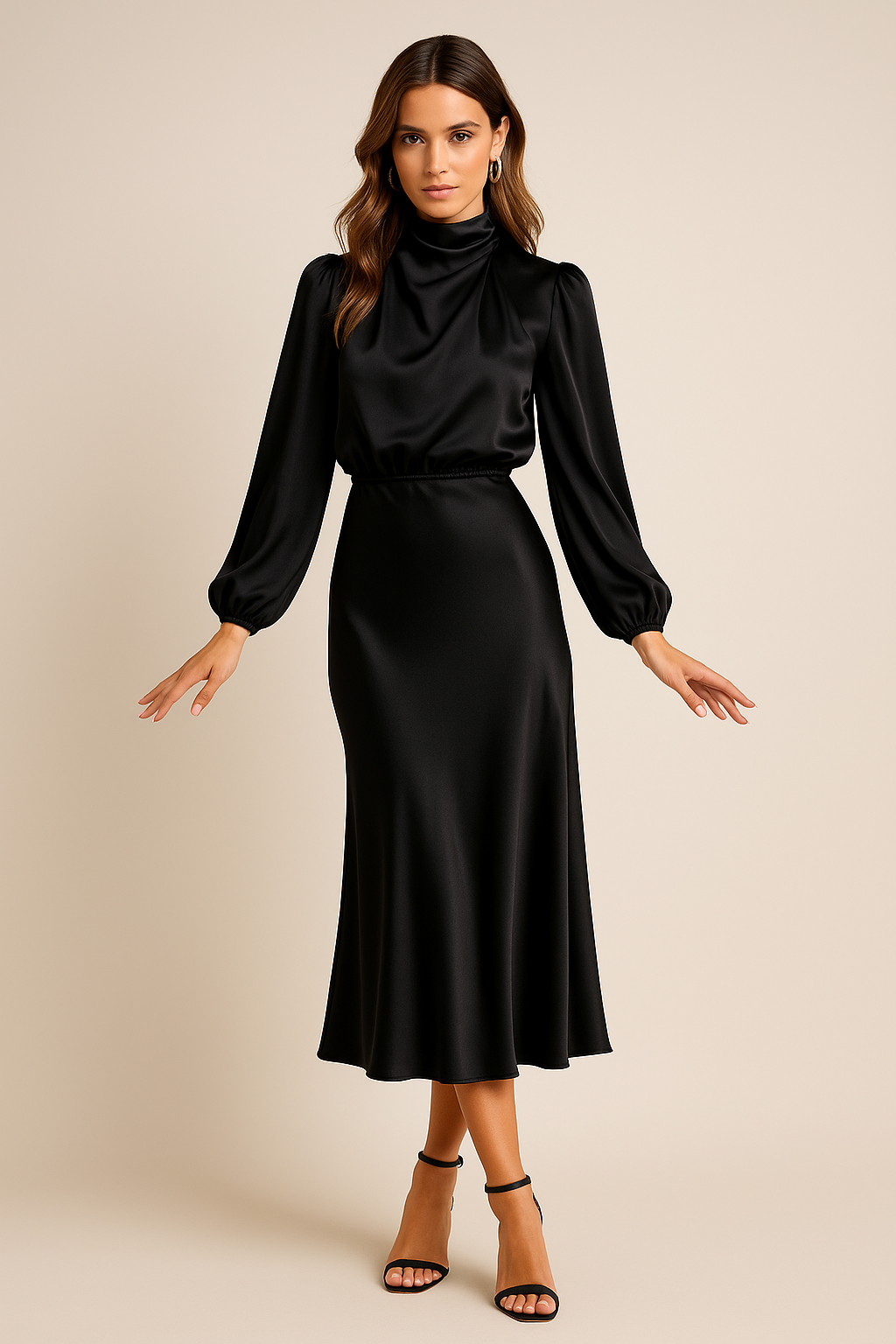 Polka-Dot Midi Dress with High Neckline and Long Sleeves