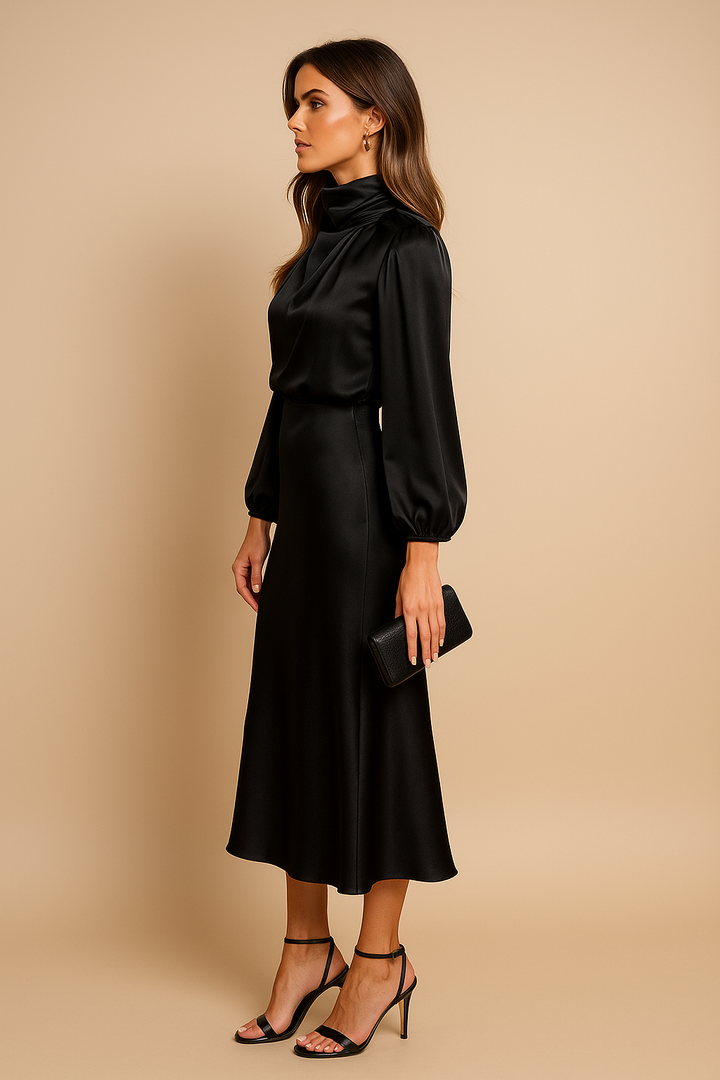 Polka-Dot Midi Dress with High Neckline and Long Sleeves