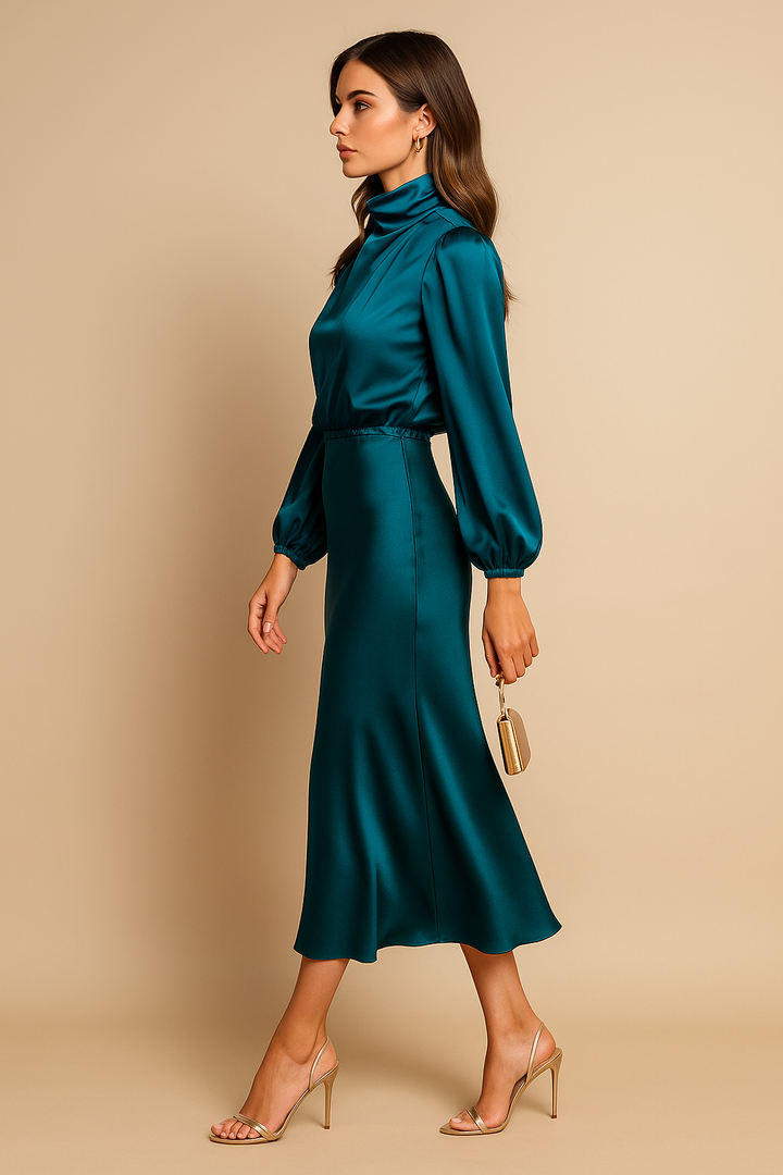 Polka-Dot Midi Dress with High Neckline and Long Sleeves
