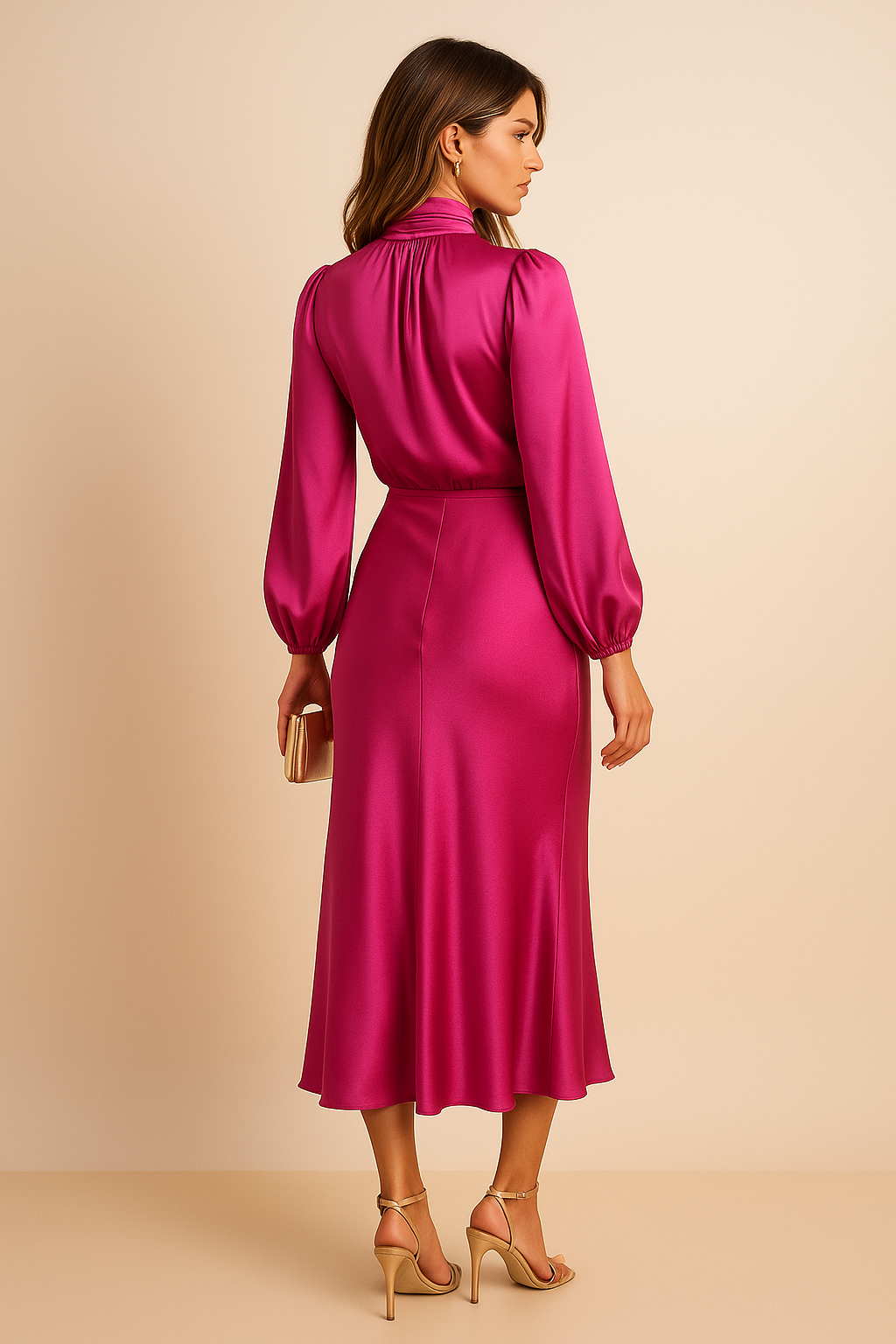 Polka-Dot Midi Dress with High Neckline and Long Sleeves