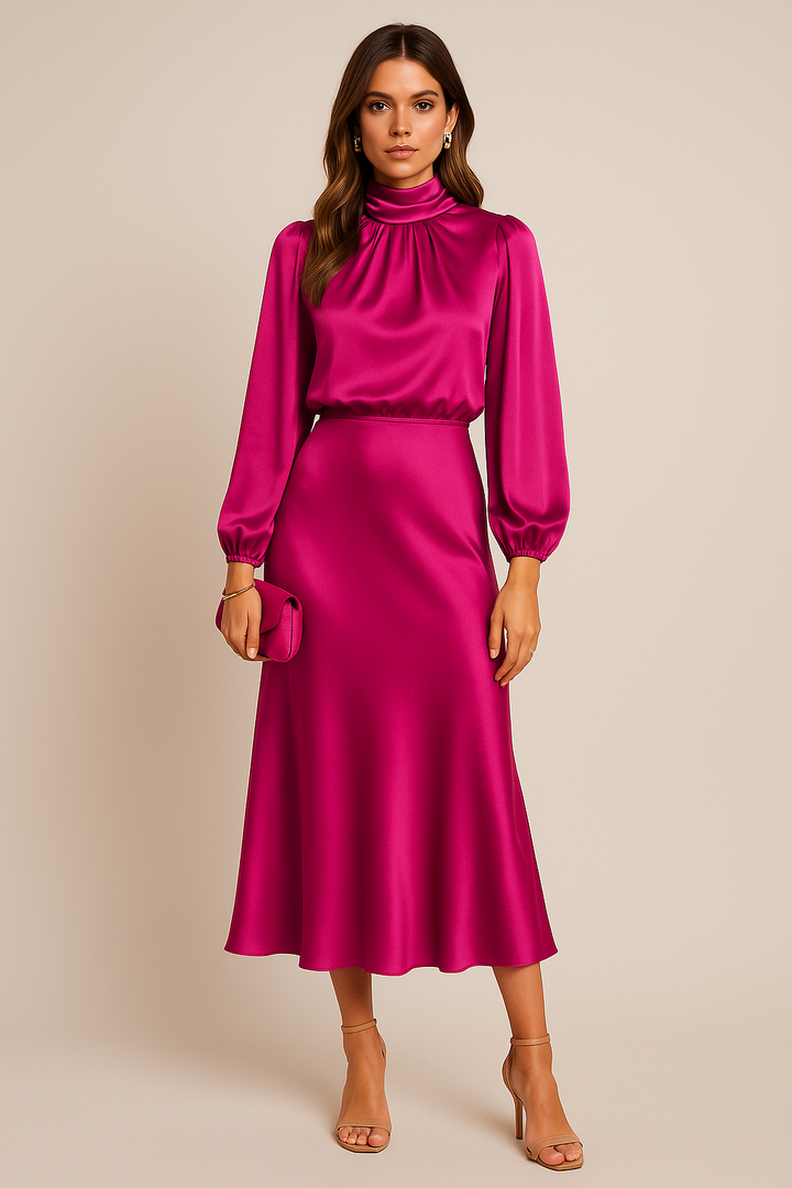 Polka-Dot Midi Dress with High Neckline and Long Sleeves