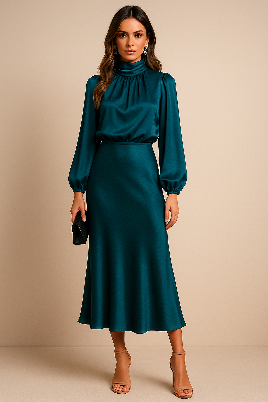 Polka-Dot Midi Dress with High Neckline and Long Sleeves