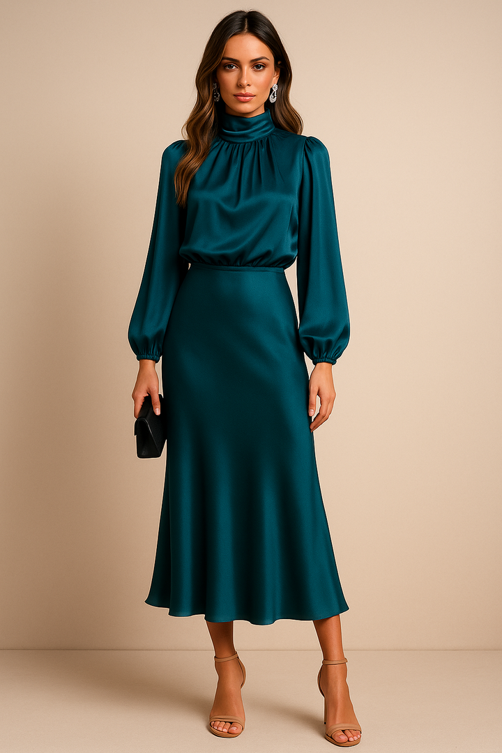 Polka-Dot Midi Dress with High Neckline and Long Sleeves