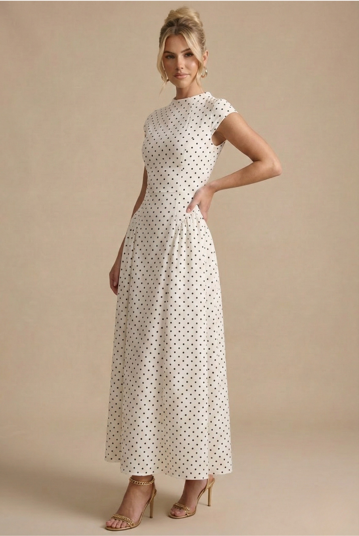 Polka-Dot Pleated A-Line Maxi Wedding Guest Dress with High Neckline and Cap Sleeves