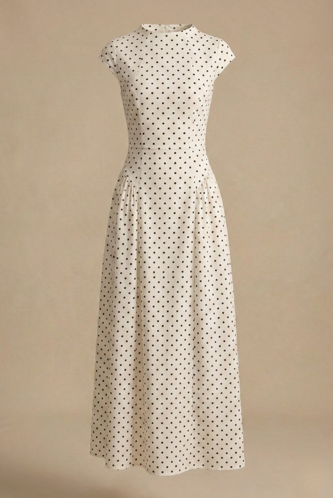 Polka-Dot Pleated A-Line Maxi Wedding Guest Dress with High Neckline and Cap Sleeves