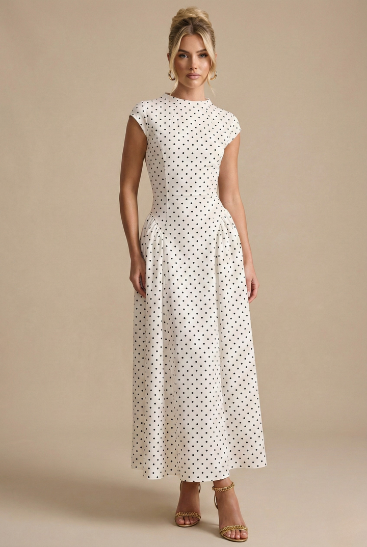 Polka-Dot Pleated A-Line Maxi Wedding Guest Dress with High Neckline and Cap Sleeves
