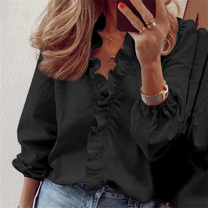 Polka-Dot Pleated Ruffle Blouse