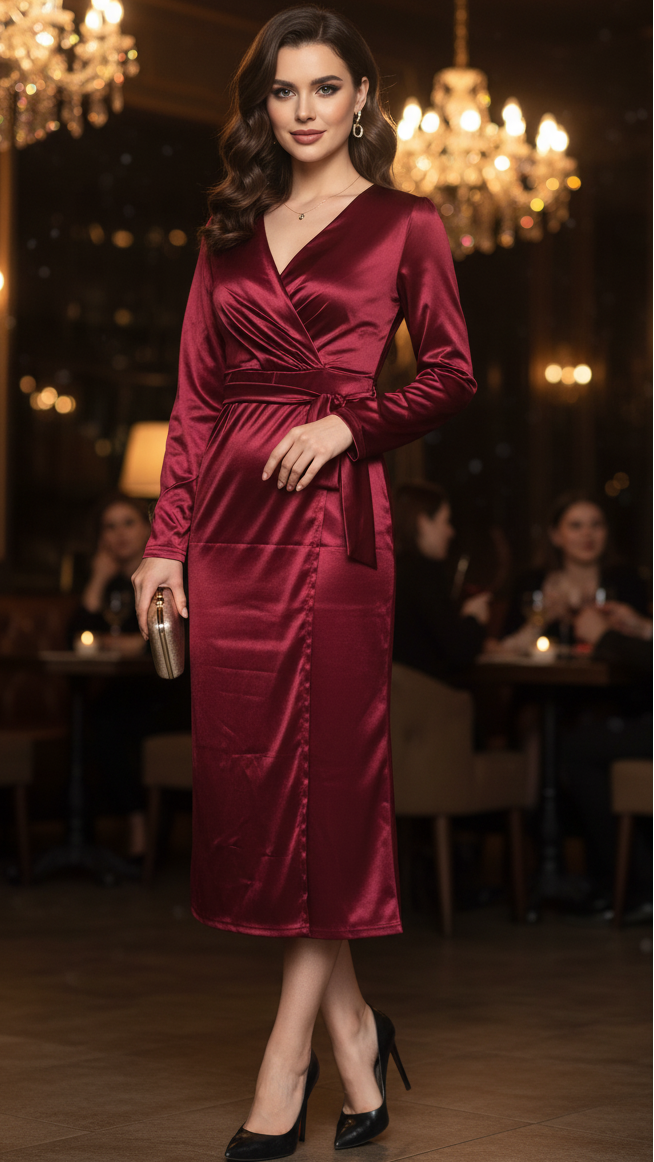 Polka-Dot Wrap Belted Midi Dress with V-Neck and Long Sleeves
