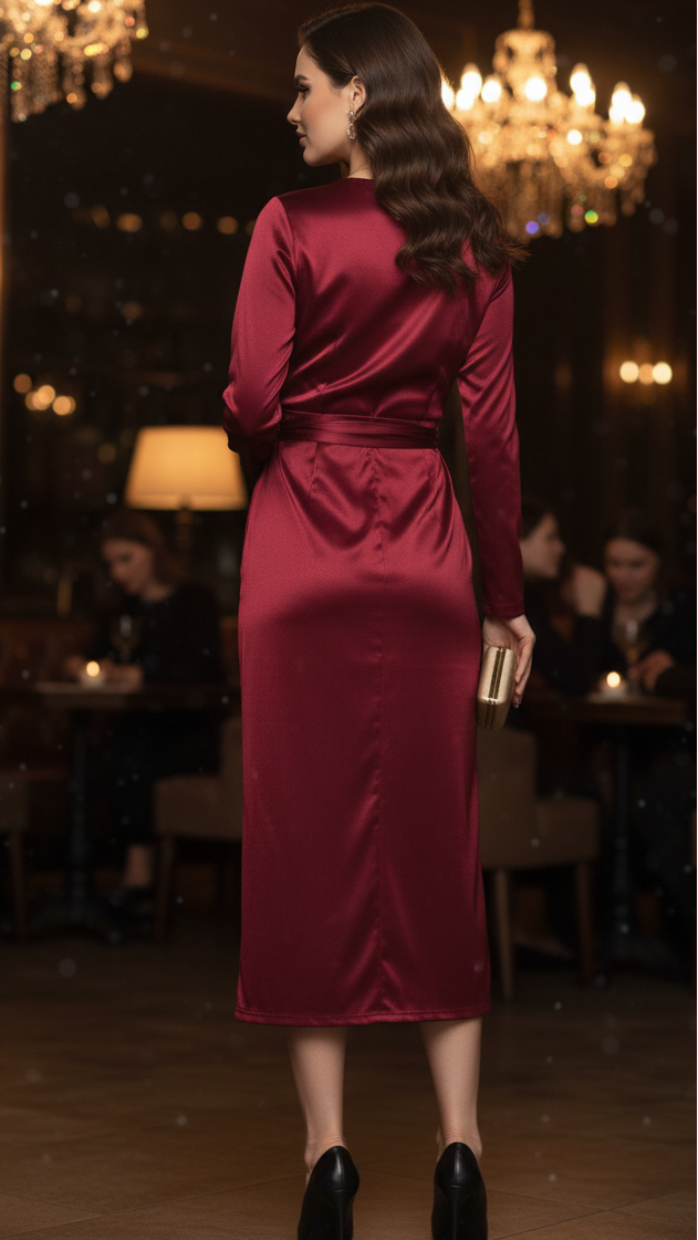 Polka-Dot Wrap Belted Midi Dress with V-Neck and Long Sleeves