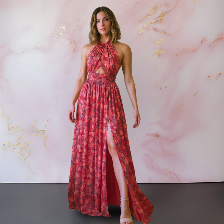 Ruched Cut-Out Slit Maxi Dress with Halter Neckline