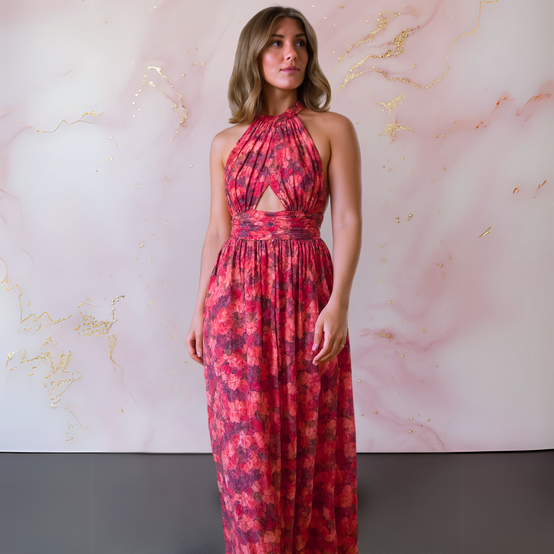 Ruched Cut-Out Slit Maxi Dress with Halter Neckline