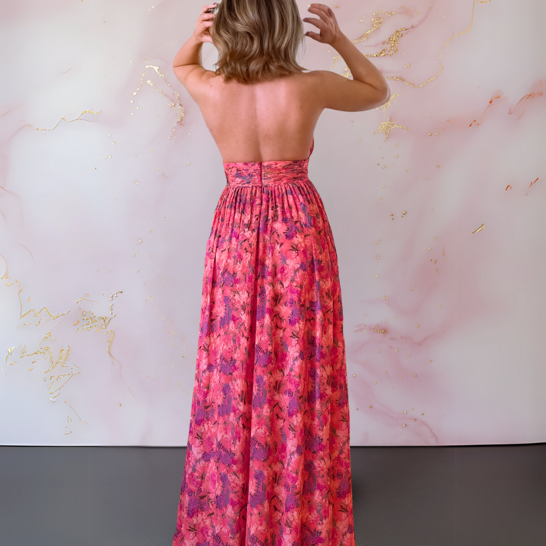 Ruched Cut-Out Slit Maxi Dress with Halter Neckline