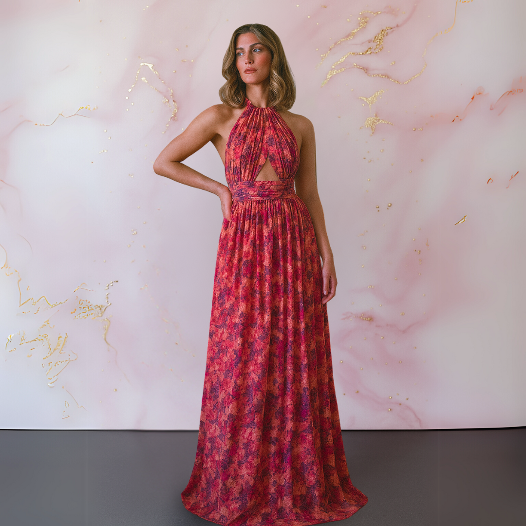 Ruched Cut-Out Slit Maxi Dress with Halter Neckline