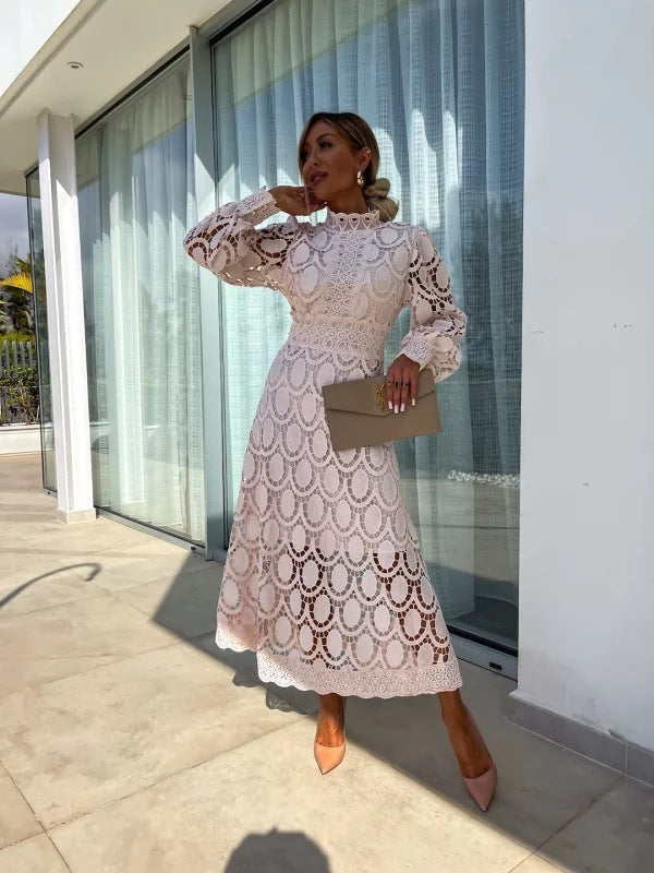Ruched Dress with High Neckline and Short Sleeves