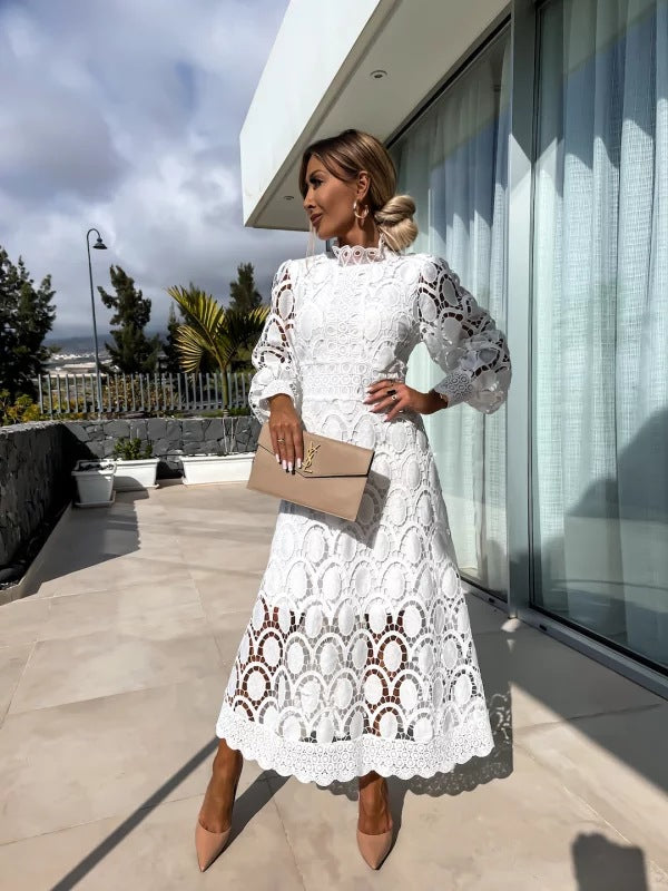 Ruched Dress with High Neckline and Short Sleeves