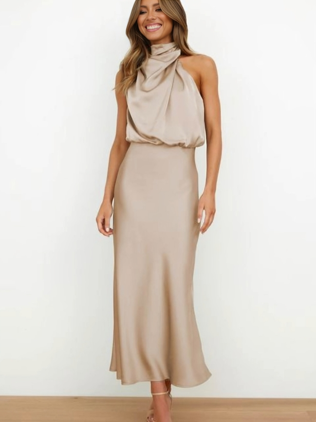 Ruched Maxi Dress with Halter Neckline