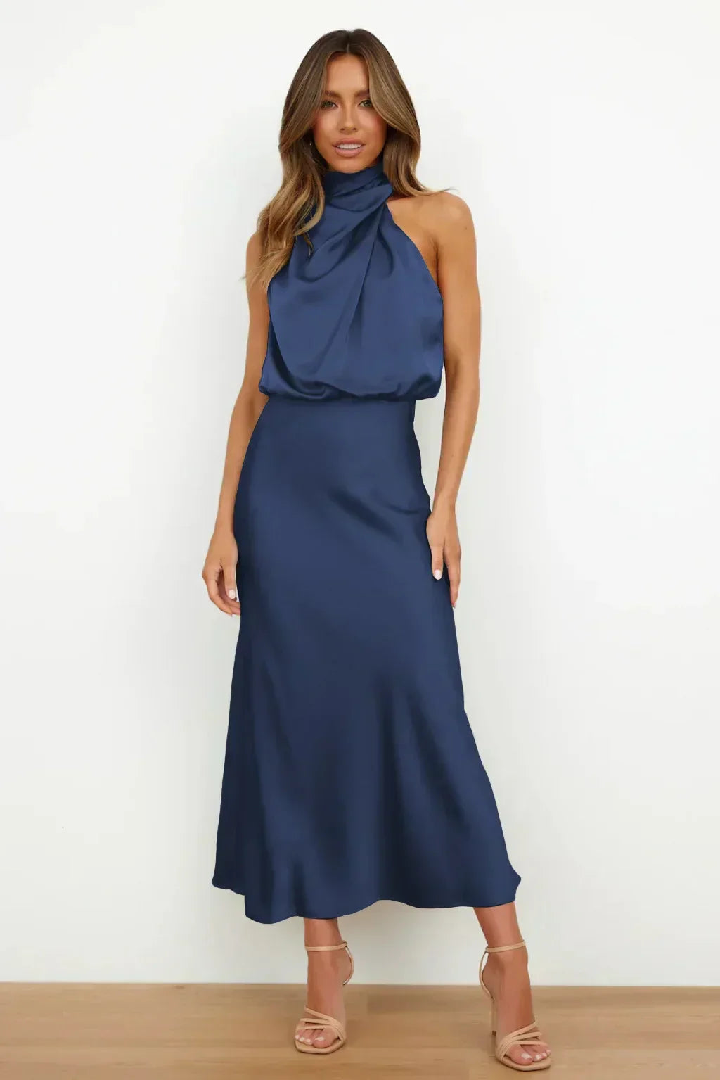 Ruched Maxi Dress with Halter Neckline