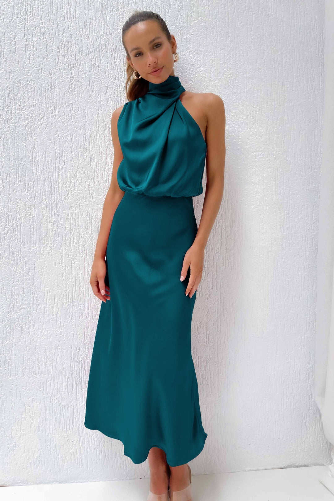 Ruched Maxi Dress with Halter Neckline