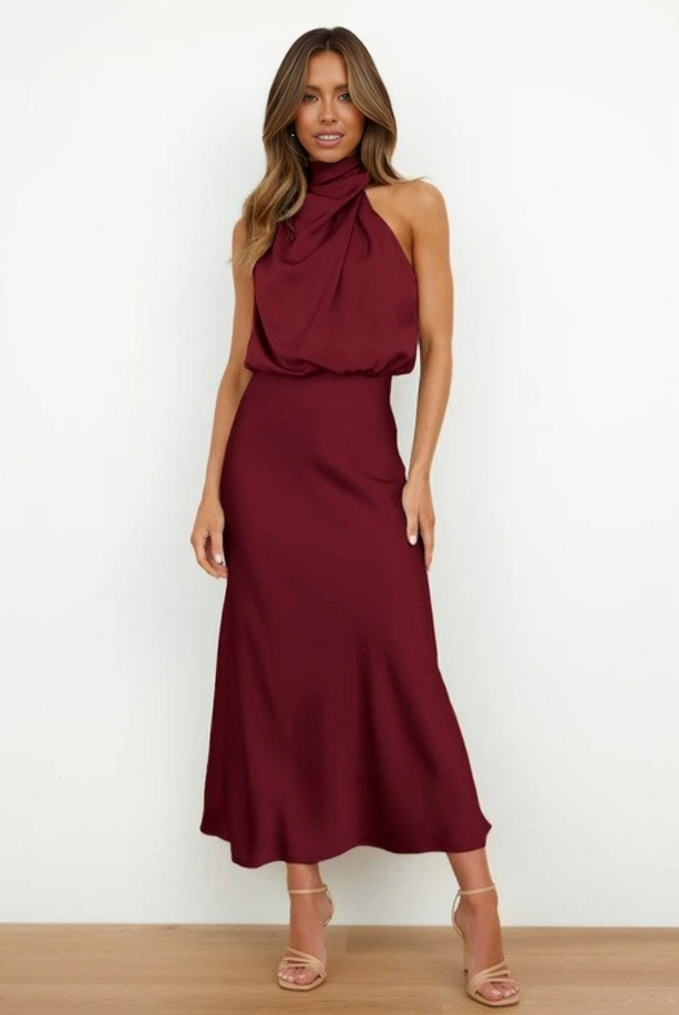 Ruched Maxi Dress with Halter Neckline