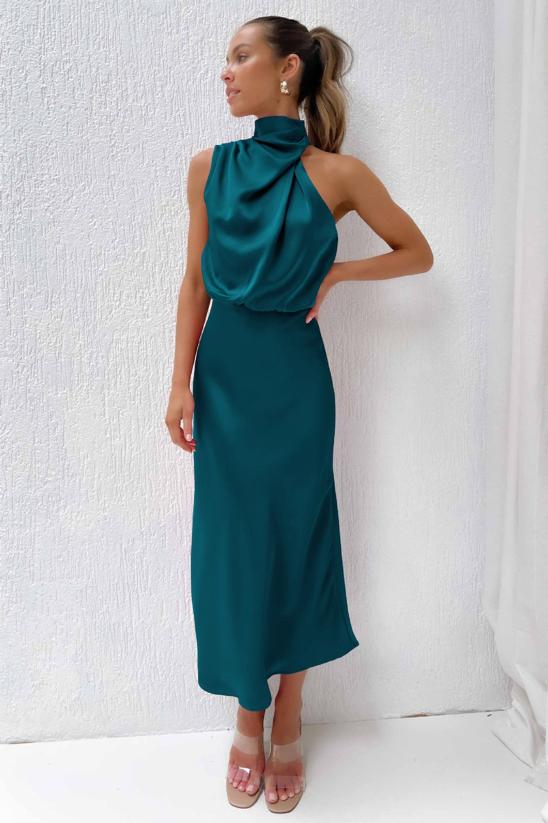 Ruched Maxi Dress with Halter Neckline