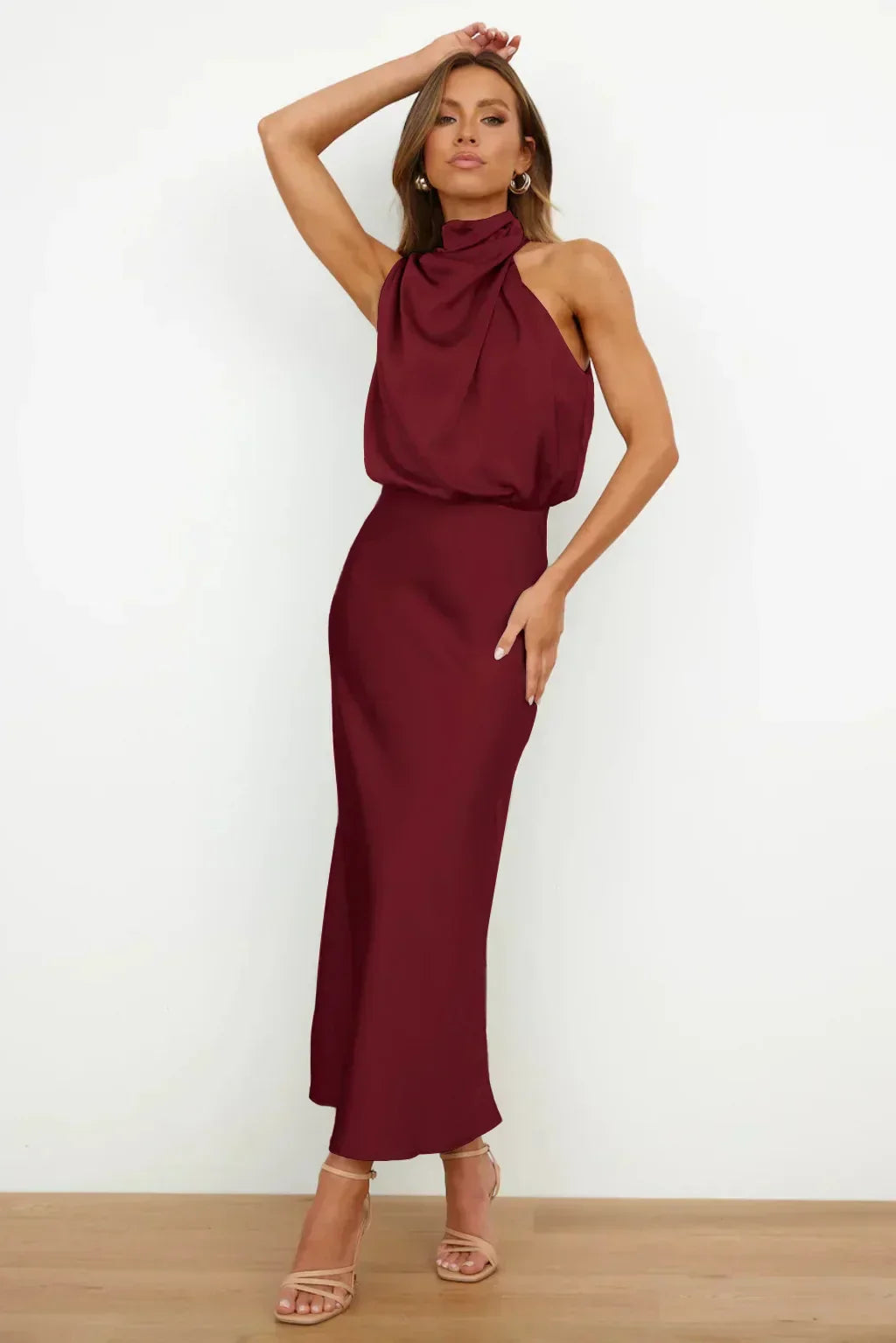 Ruched Maxi Dress with Halter Neckline