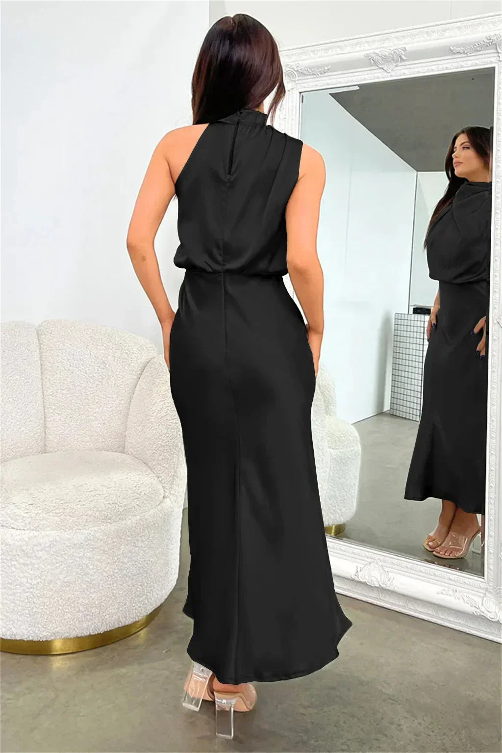Ruched Maxi Dress with Halter Neckline