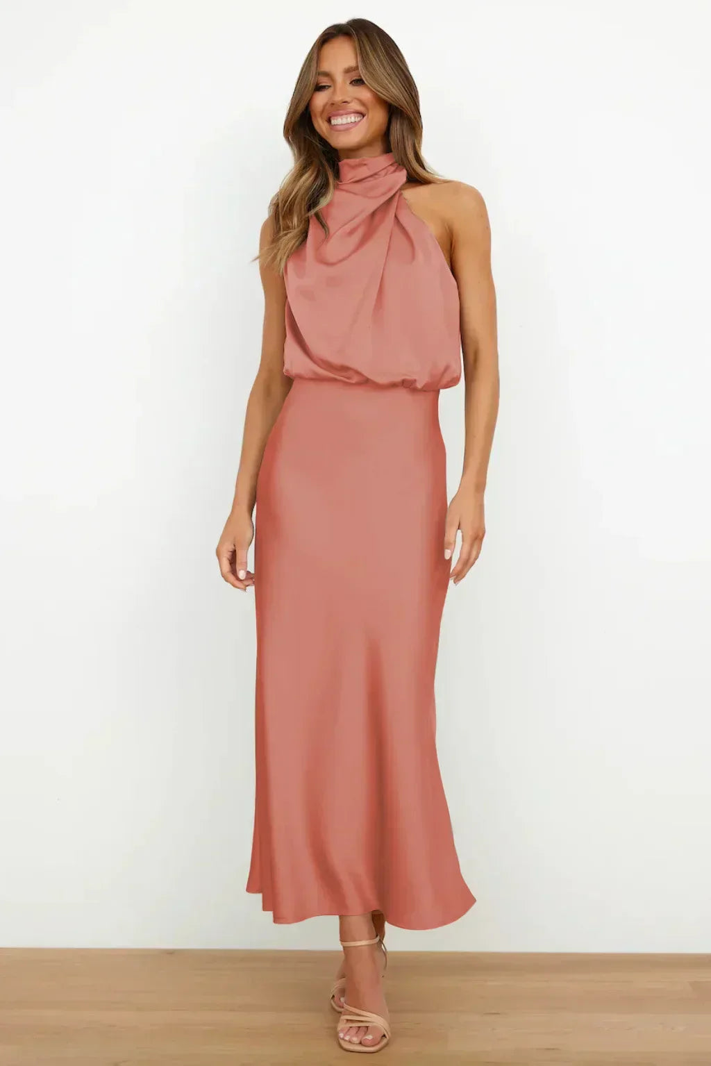 Ruched Maxi Dress with Halter Neckline