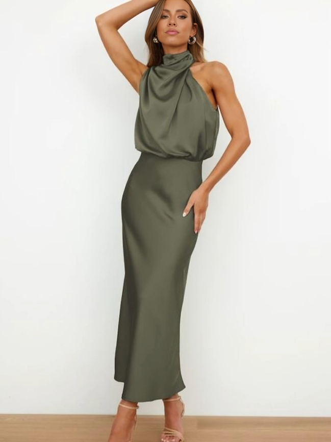 Ruched Maxi Dress with Halter Neckline