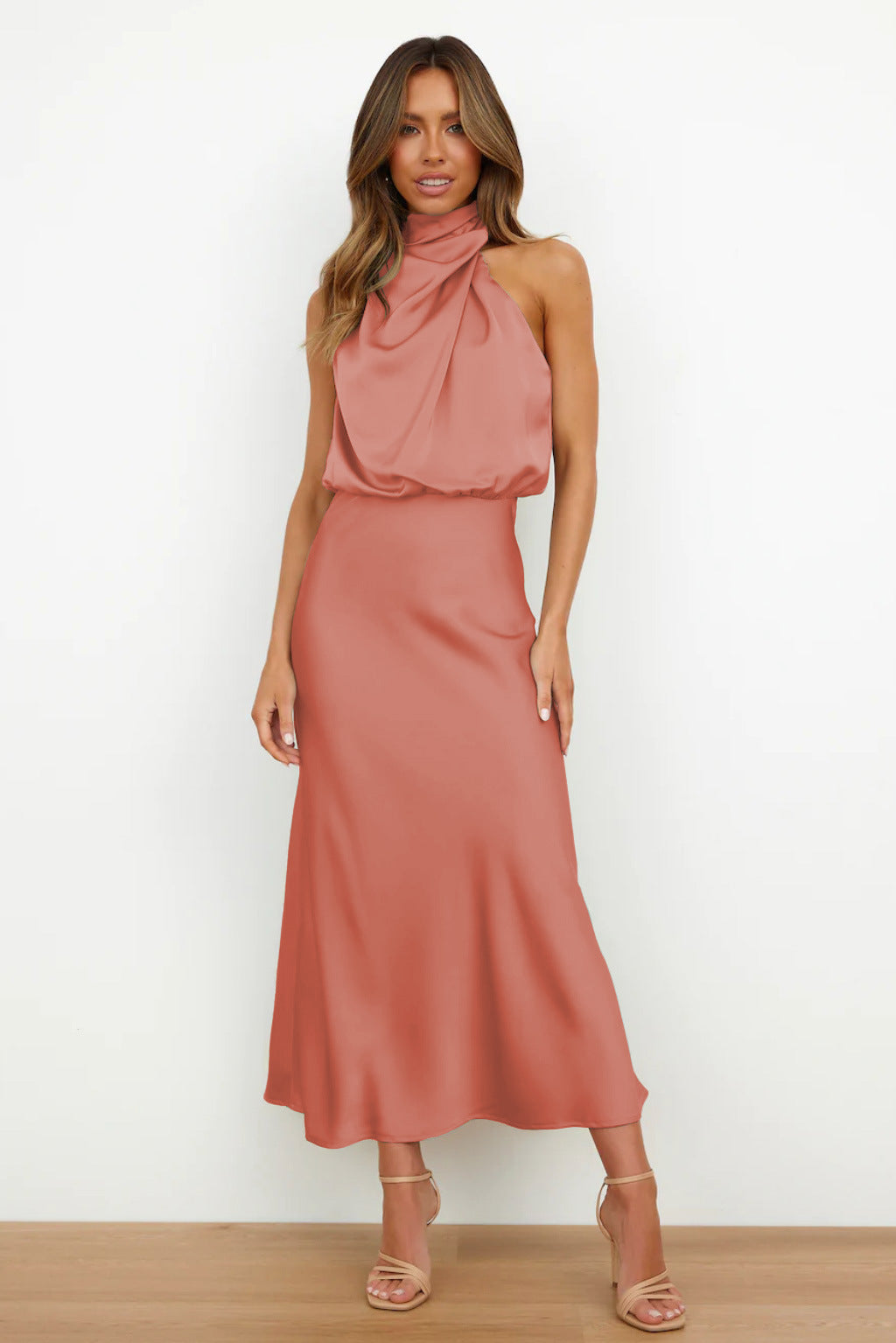 Ruched Maxi Dress with Halter Neckline