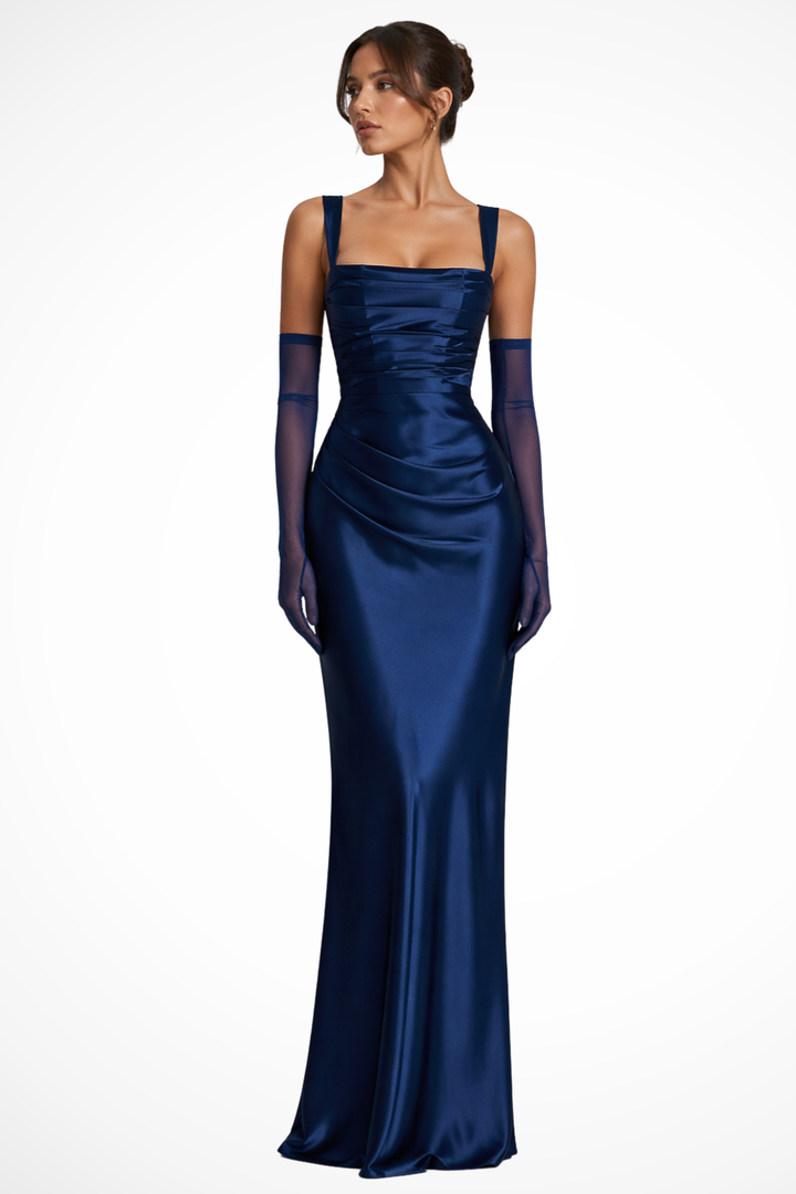 Ruched Maxi Wedding Guest Dress with Square Neck