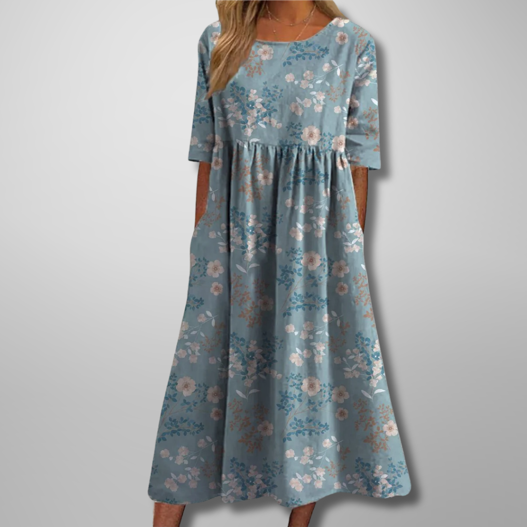 Ruched Midi Dress with Round Neck and Short Sleeves
