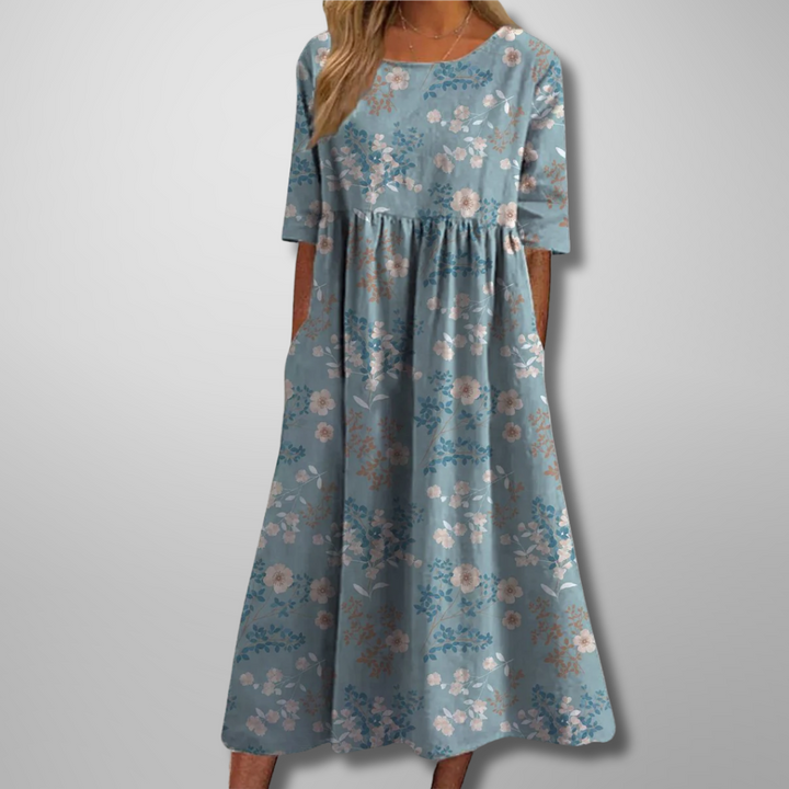 Ruched Midi Dress with Round Neck and Short Sleeves