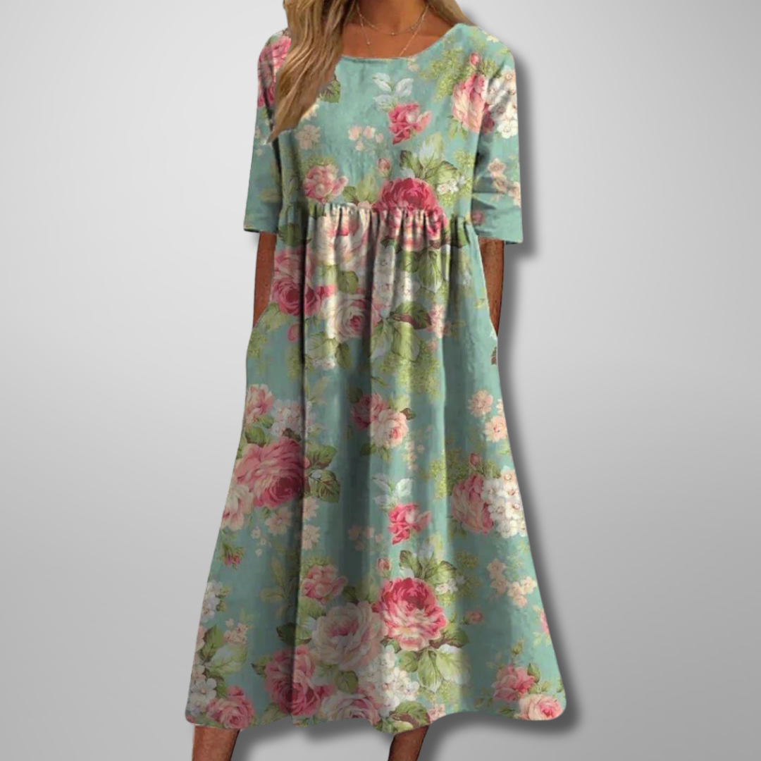 Ruched Midi Dress with Round Neck and Short Sleeves