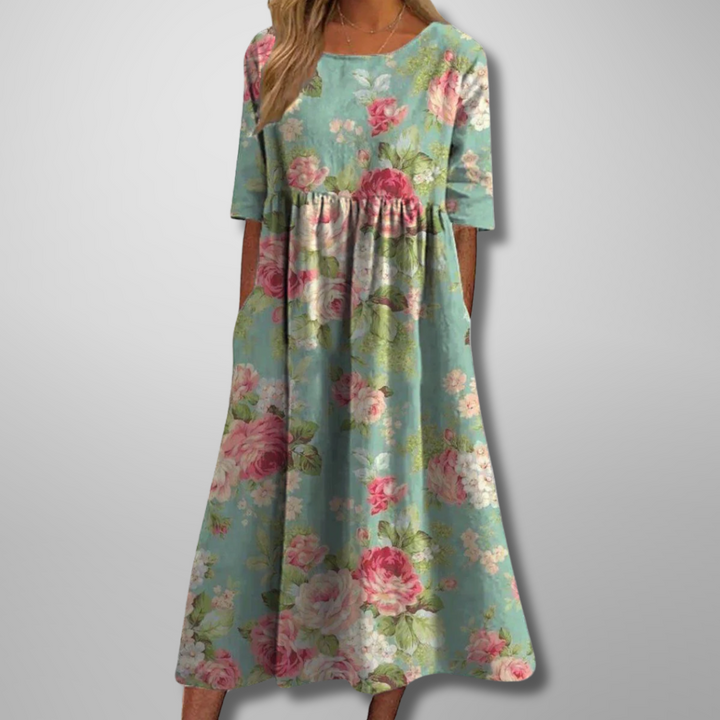 Ruched Midi Dress with Round Neck and Short Sleeves