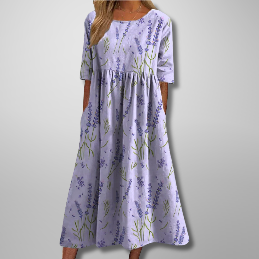 Ruched Midi Dress with Round Neck and Short Sleeves