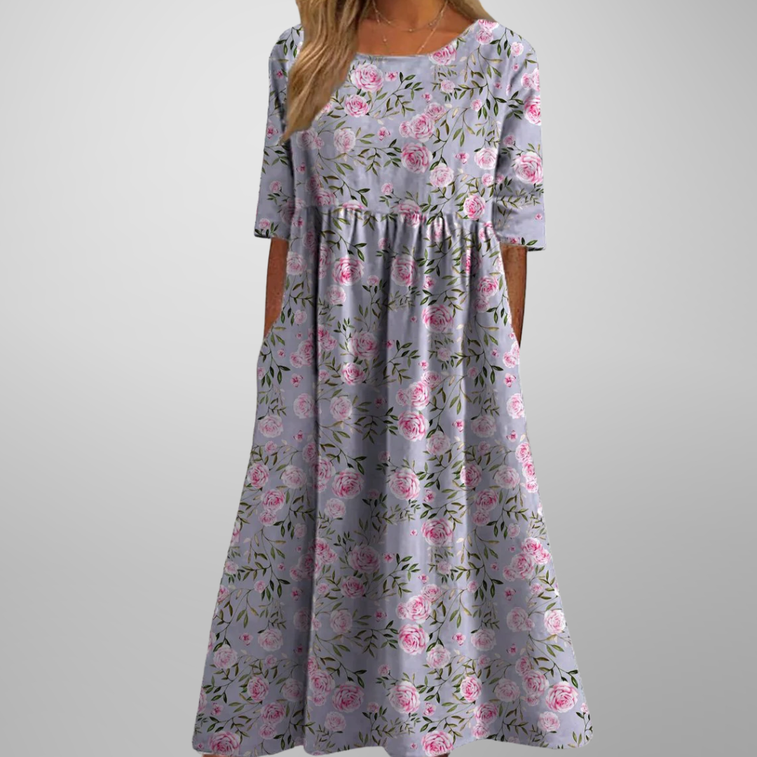 Ruched Midi Dress with Round Neck and Short Sleeves