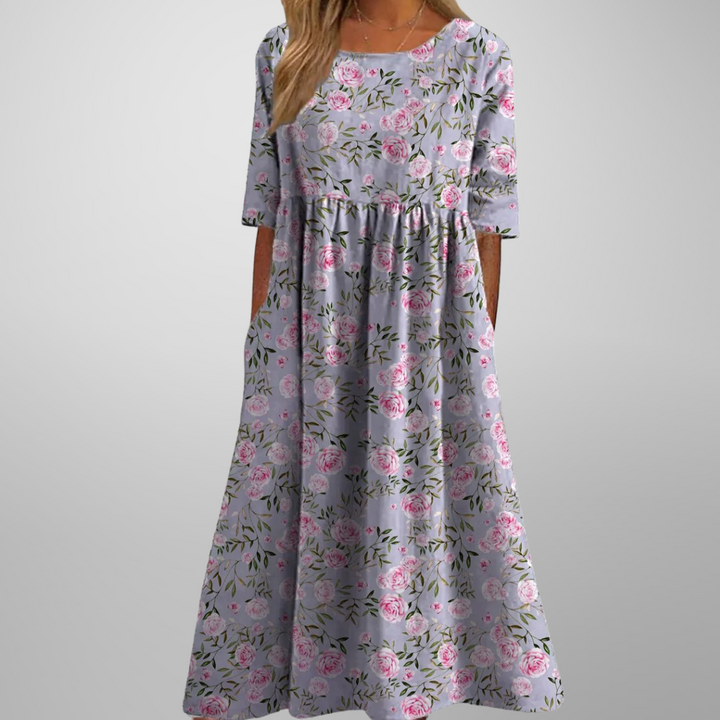 Ruched Midi Dress with Round Neck and Short Sleeves