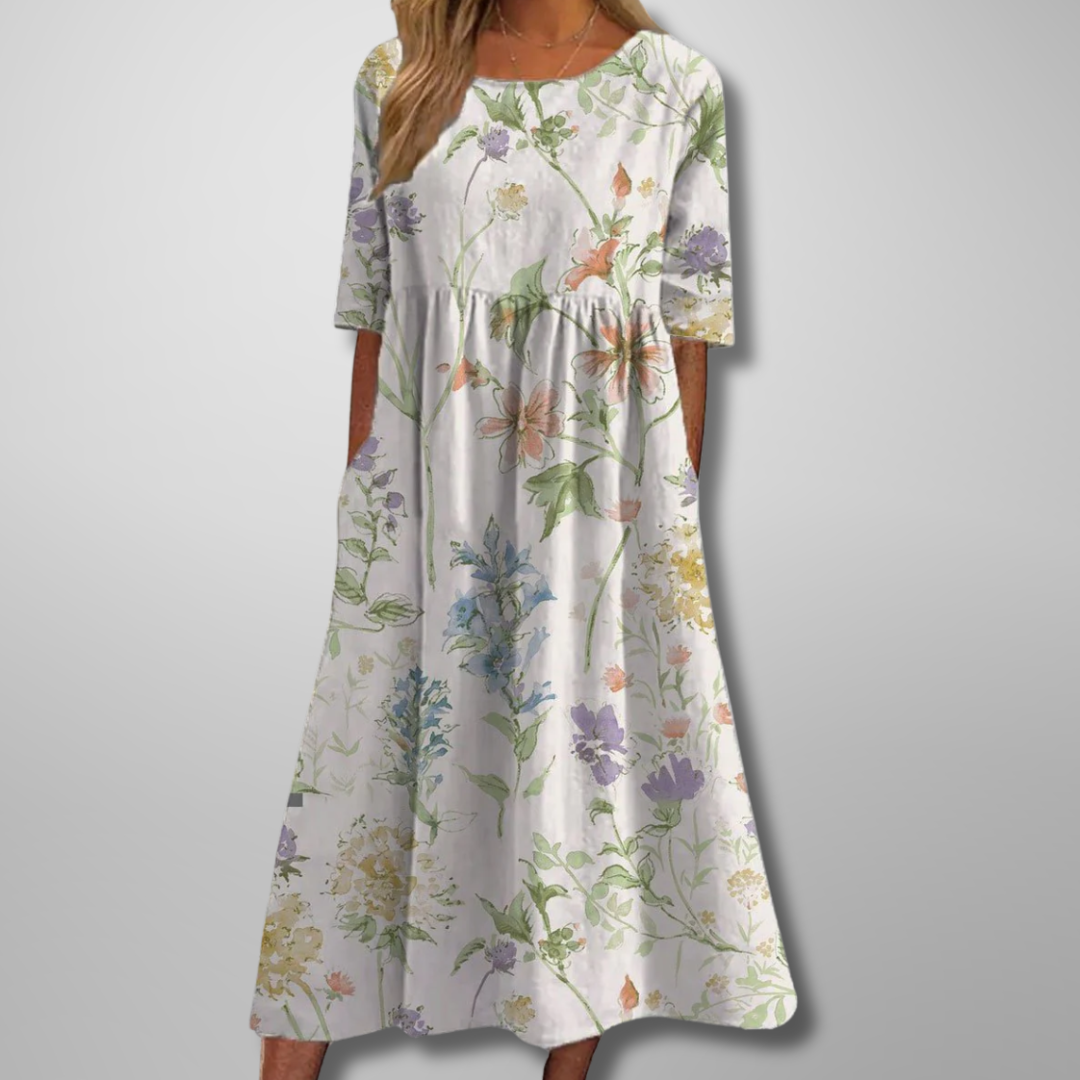 Ruched Midi Dress with Round Neck and Short Sleeves