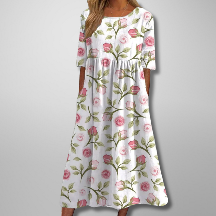 Ruched Midi Dress with Round Neck and Short Sleeves