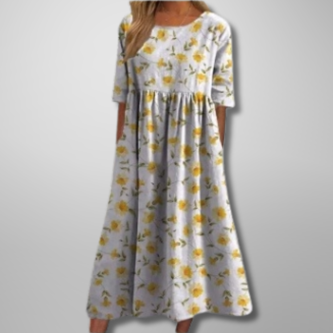 Ruched Midi Dress with Round Neck and Short Sleeves