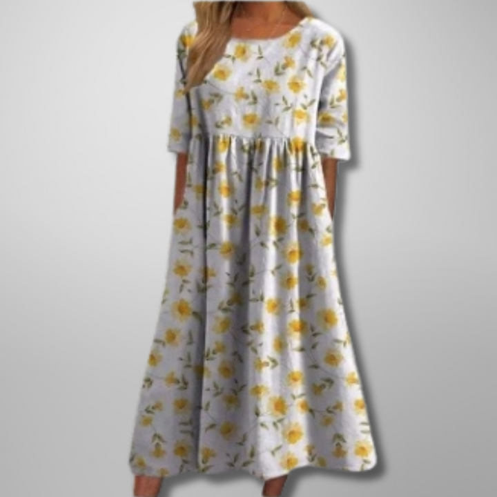 Ruched Midi Dress with Round Neck and Short Sleeves