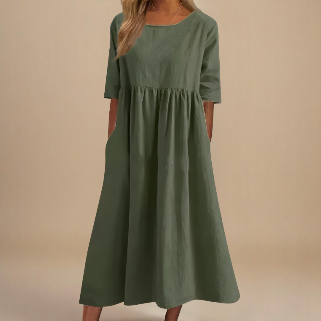 Ruched Midi Dress with Round Neck and Three-Quarter Sleeves