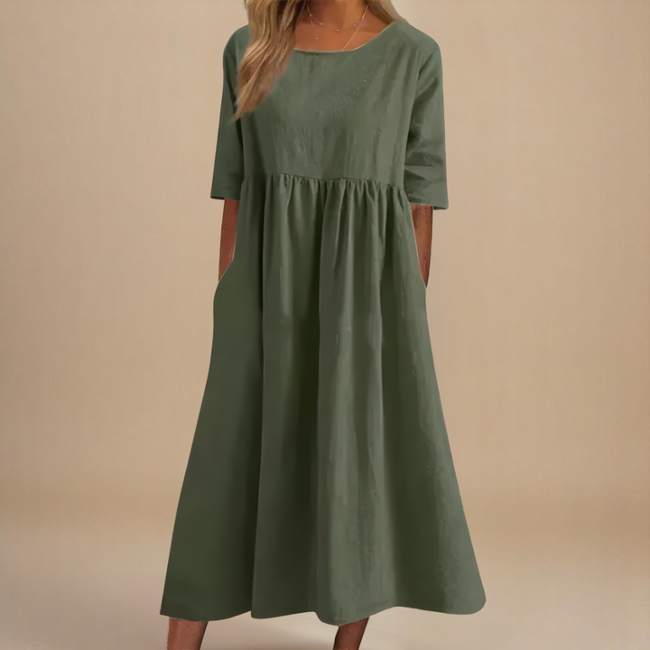 Ruched Midi Dress with Round Neck and Three-Quarter Sleeves