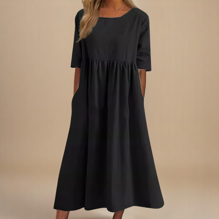 Ruched Midi Dress with Round Neck and Three-Quarter Sleeves